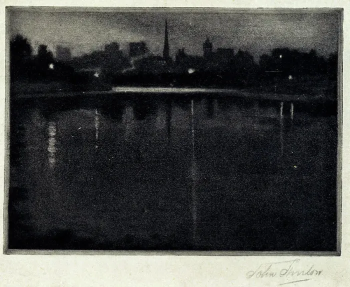 Framed Print : Nightfall. An aquatint showing an Australian town, under a dark, evening sky, Framed Print : Nightfall. An aquatint showing an Australian town, under a dark, evening sky,