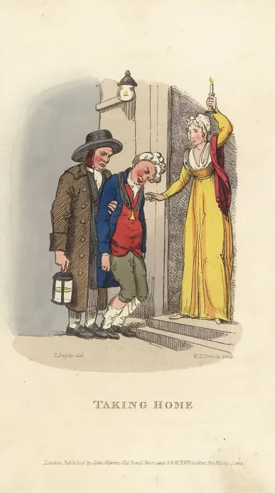 Framed Print : A nightwatchman brings a drunk home, Regency era Framed Print : A nightwatchman brings a drunk home, Regency era