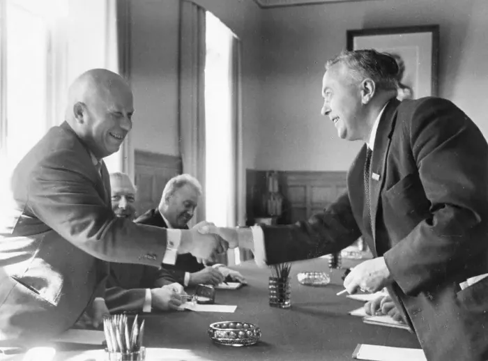 Framed Print : Nikita Khrushchev and Harold Wilson shaking hands Framed Print : Nikita Khrushchev and Harold Wilson shaking hands