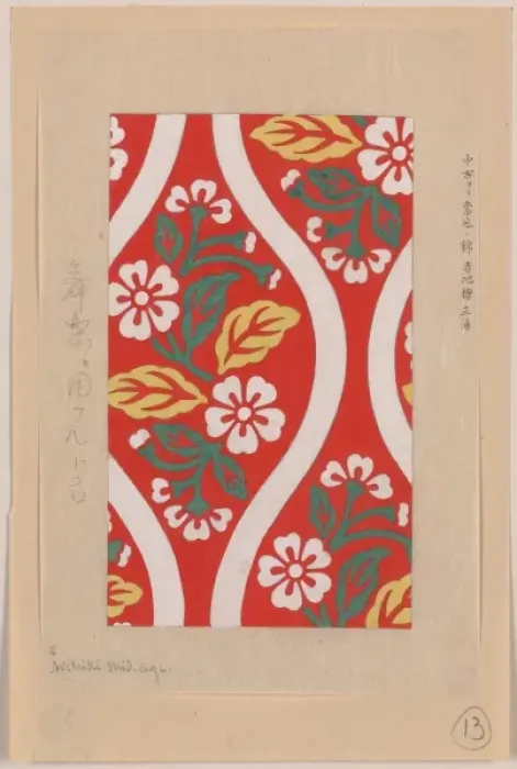 Framed Print : Nishiki brocade with cherry blossoms and wave designs on red Framed Print : Nishiki brocade with cherry blossoms and wave designs on red