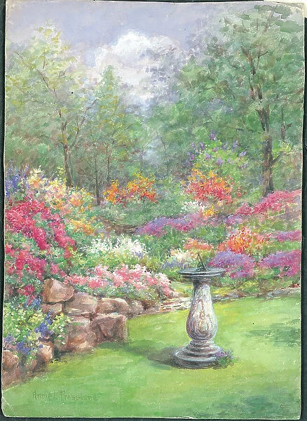 (No title). Garden with lawn, sundial and flower borders