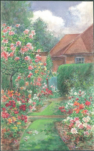 (No title). Garden with path, flower borders and house