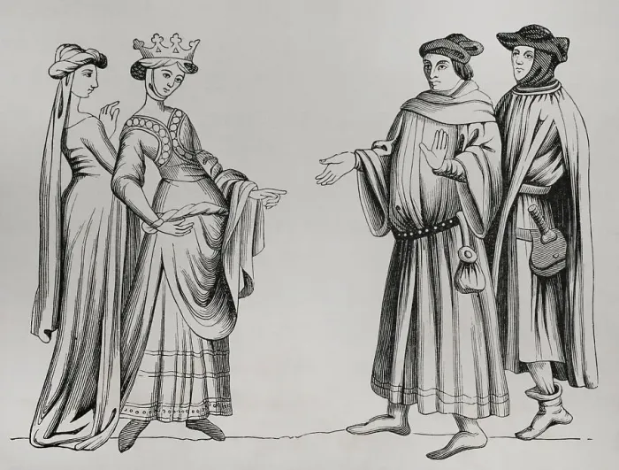 Framed Print : Noble lady and maid of honour accompanied by two Framed Print : Noble lady and maid of honour accompanied by two