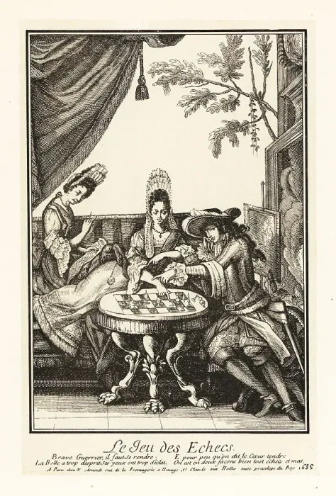 Framed Print : A noble woman and fop playing a game of chess, 1686 Framed Print : A noble woman and fop playing a game of chess, 1686