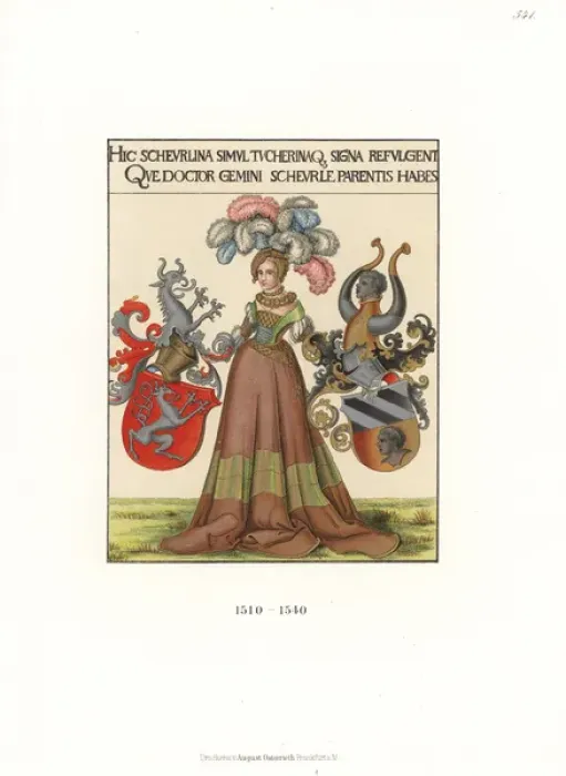 Framed Print : Noble woman of Nuremberg holding coats of arms, 16th century Framed Print : Noble woman of Nuremberg holding coats of arms, 16th century