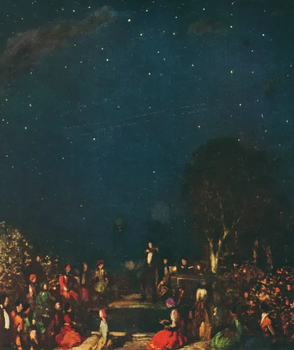Framed Print : Nocturne. A painting depicting a night time scene in which an audience Framed Print : Nocturne. A painting depicting a night time scene in which an audience