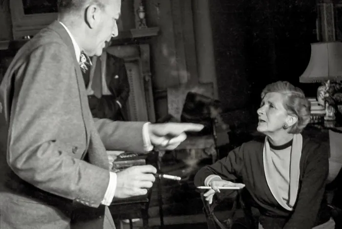 Framed Print : Noel Coward directing actress in rehearsal of play Relative Values which opened at Savoy Theatre London in November 1951 Date: 1951 Framed Print : Noel Coward directing actress in rehearsal of play Relative Values which opened at Savoy Theatre London in November 1951 Date: 1951