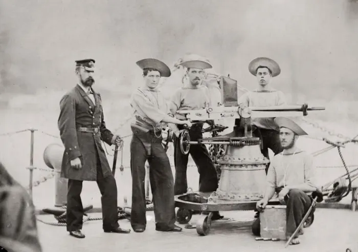 Framed Print : Nordenfeldt gun and gun crew on a ship Framed Print : Nordenfeldt gun and gun crew on a ship