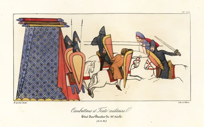 Framed Print : Norman cavalry in combat and a military tent, 11th century Framed Print : Norman cavalry in combat and a military tent, 11th century