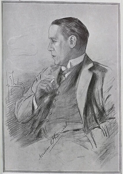 Norman McKinnel, actor, (1870-1932) drawn from life by R G Mathews, artist (1870-1955). Pencil sketch in suit and waistcoat, smoking a cigarette. Part of a series, Pencil portraits of Stage Favourites'published in The Bystander. Date: 1910