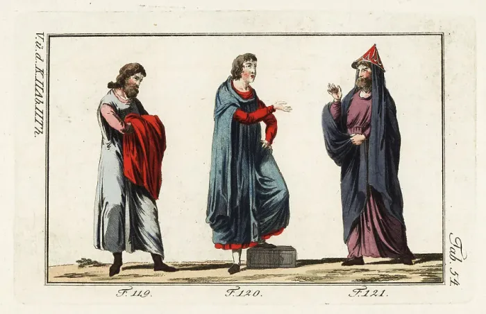Framed Print : Three Norman men in costume of the 12th century Framed Print : Three Norman men in costume of the 12th century