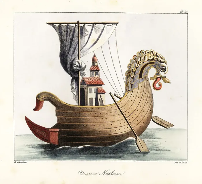 Framed Print : Norman ship with carved figurehead, striped sail, oars, church-l Framed Print : Norman ship with carved figurehead, striped sail, oars, church-l