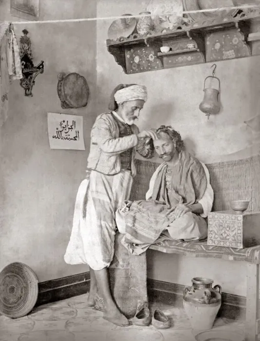 Framed Print : North Africa, barber at work, circa 1880s. Date: circa 1880s Framed Print : North Africa, barber at work, circa 1880s. Date: circa 1880s