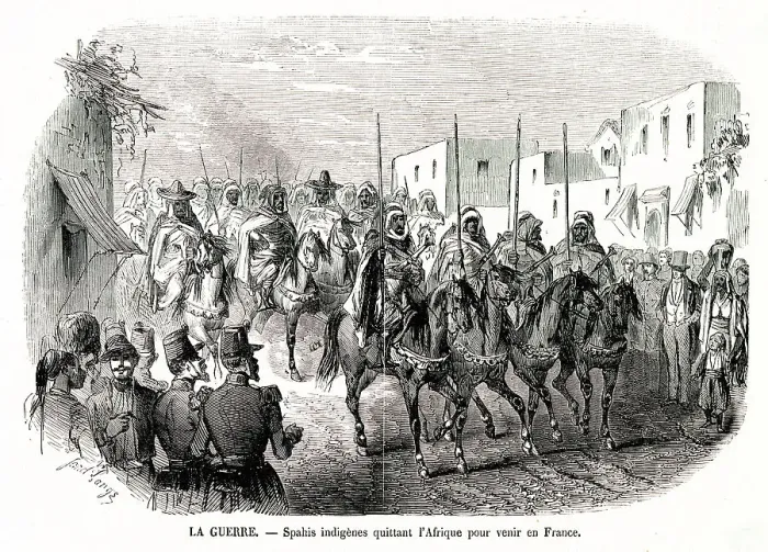 Framed Print : North African spahis leave their country to come and fight the Prussians on the French side Date: August 1870 Framed Print : North African spahis leave their country to come and fight the Prussians on the French side Date: August 1870