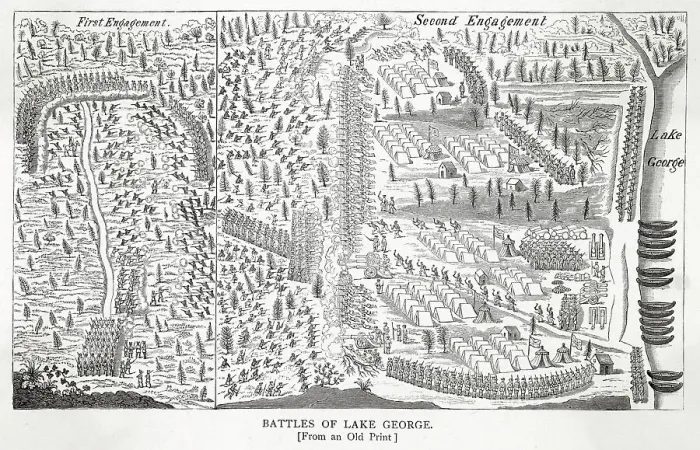 Framed Print : NORTH AMERICAN CAMPAIGN BATTLE OF LAKE GEORGE A French-Italian force successfully ambush British militia, but fail to take the British camp Date: 8 September 1755 Framed Print : NORTH AMERICAN CAMPAIGN BATTLE OF LAKE GEORGE A French-Italian force successfully ambush British militia, but fail to take the British camp Date: 8 September 1755