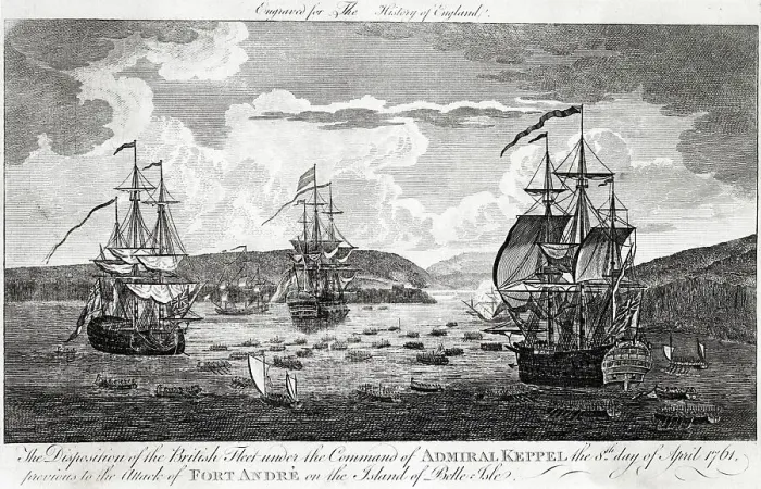 Framed Print : NORTH AMERICAN CAMPAIGN The British under Admiral Keppel prepare to attack the French Fort Andre, on Belle Isle, off the Newfoundland coast Date: 8 April 1761 Framed Print : NORTH AMERICAN CAMPAIGN The British under Admiral Keppel prepare to attack the French Fort Andre, on Belle Isle, off the Newfoundland coast Date: 8 April 1761