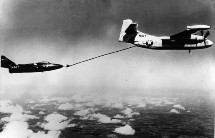 Framed Print : A North American Savage refuels a Grumman Panther Framed Print : A North American Savage refuels a Grumman Panther