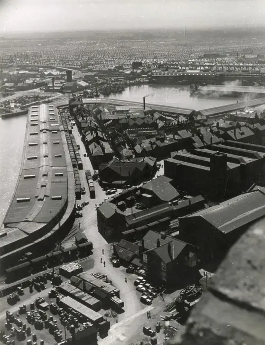Framed Print : The North Market which forms the eastern boundary of No. 3 Fish Dock, Grimsby, Lincolnshire, England. This view was taken from the 300 foot high Hydraulic Tower. Date: 1950s Framed Print : The North Market which forms the eastern boundary of No. 3 Fish Dock, Grimsby, Lincolnshire, England. This view was taken from the 300 foot high Hydraulic Tower. Date: 1950s