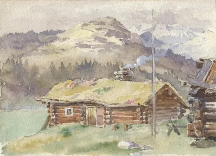 Framed Print : Norway. A log cabin sketched in Norway.. August 1912 Framed Print : Norway. A log cabin sketched in Norway.. August 1912