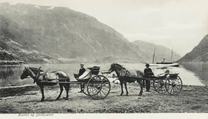 Framed Print : Norway - view of a Fjord with steamship and carriages Framed Print : Norway - view of a Fjord with steamship and carriages