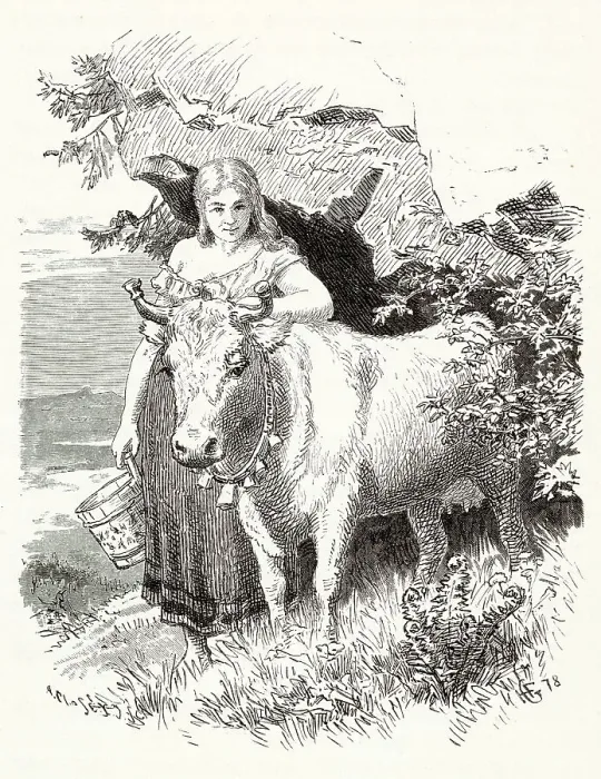 Framed Print : A Norwegian huldre who seems to be an innocent milkmaid, but who is in reality a deceiving witch who can lead the unwary countryman into all kinds of trouble. Date: 1879