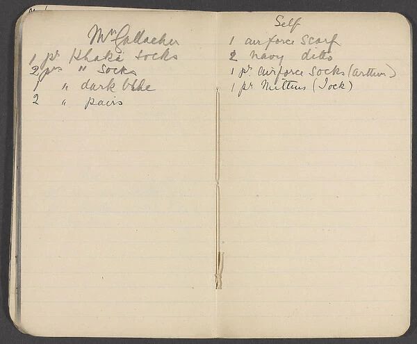 Notebook recording quantities of comforts for soldiers