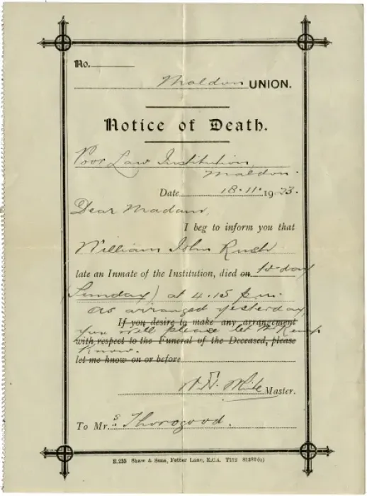 Framed Print : Notice of Death from Union Workhouse, Maldon, Essex Framed Print : Notice of Death from Union Workhouse, Maldon, Essex