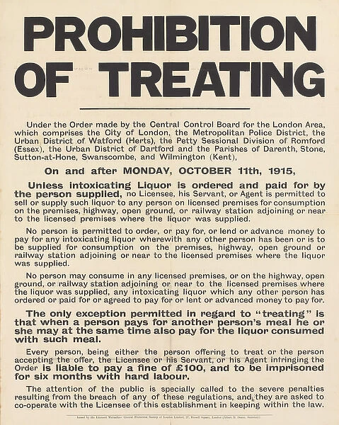 Notice published by London Licensed Victuallers, WW1