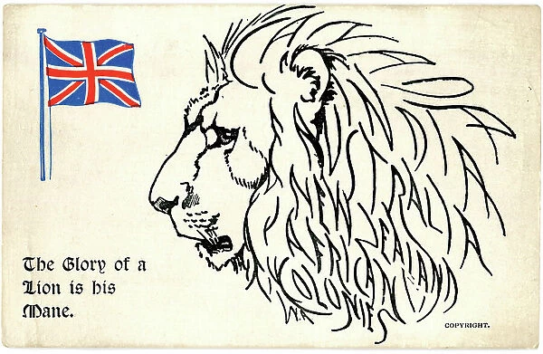 Novelty line drawing of a lion's head faces the Union Flag