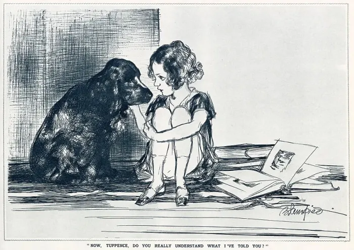Framed Print : Now, Tuppence, do you really understand what I've told you? A child strokes her dog who is sitting next to her, presumably reading to it from a book on the floor to the right of her. Date: 1933 Framed Print : Now, Tuppence, do you really understand what I've told you? A child strokes her dog who is sitting next to her, presumably reading to it from a book on the floor to the right of her. Date: 1933