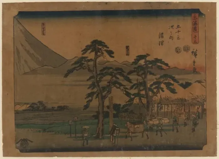 Framed Print : Numazu. Print shows travelers and porters with palanquin passing village Framed Print : Numazu. Print shows travelers and porters with palanquin passing village