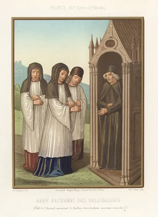 Framed Print : Three nuns visit an abbot, France, 15th century Framed Print : Three nuns visit an abbot, France, 15th century