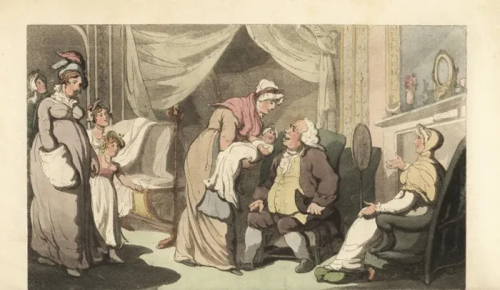 Framed Print : Nurse showing a baby to an old man and woman