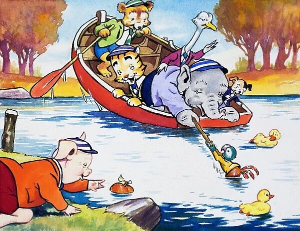 Nursery animals playing in boat