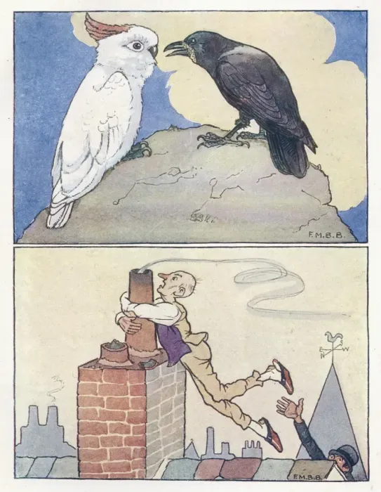 Framed Print : Nursery Rhymes -- two birds, man and chimney Framed Print : Nursery Rhymes -- two birds, man and chimney