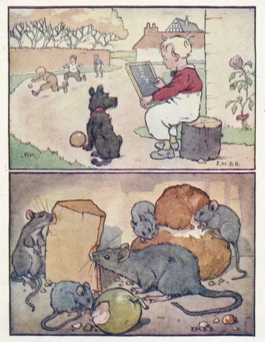 Framed Print : Nursery Rhymes -- boy with slate, mice with cheese Framed Print : Nursery Rhymes -- boy with slate, mice with cheese
