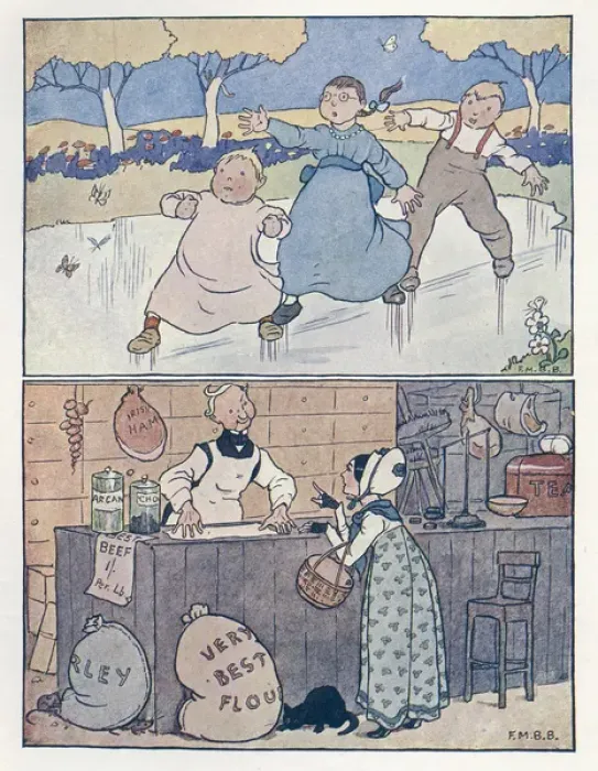 Framed Print : Nursery Rhymes -- children on ice, lady at grocer s Framed Print : Nursery Rhymes -- children on ice, lady at grocer s