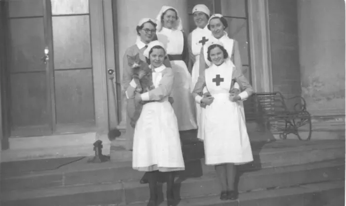 Framed Print : Six nurses and cat, Montgomery House, Mauchline Framed Print : Six nurses and cat, Montgomery House, Mauchline