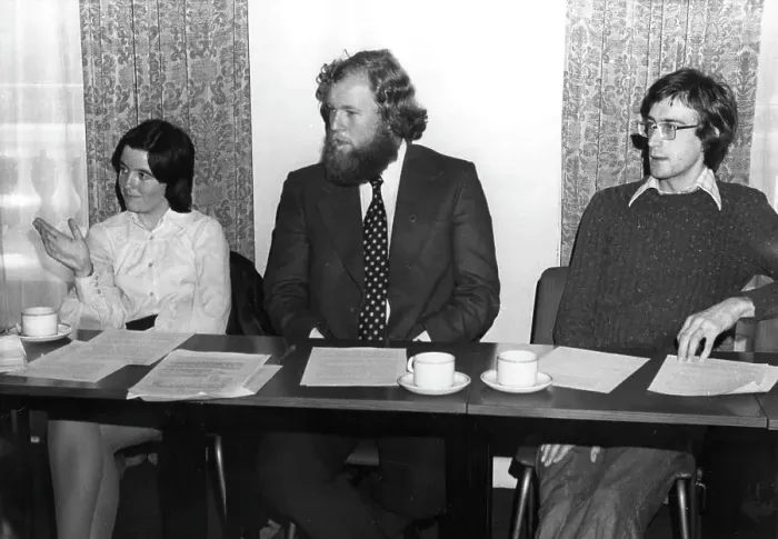 Framed Print : NUS President Charles Clarke with two students Framed Print : NUS President Charles Clarke with two students
