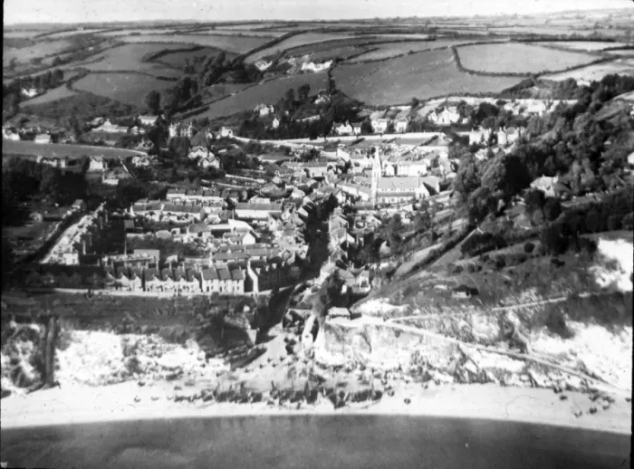 Framed Print : O E Simmonds aerial view of Beer Devon Framed Print : O E Simmonds aerial view of Beer Devon