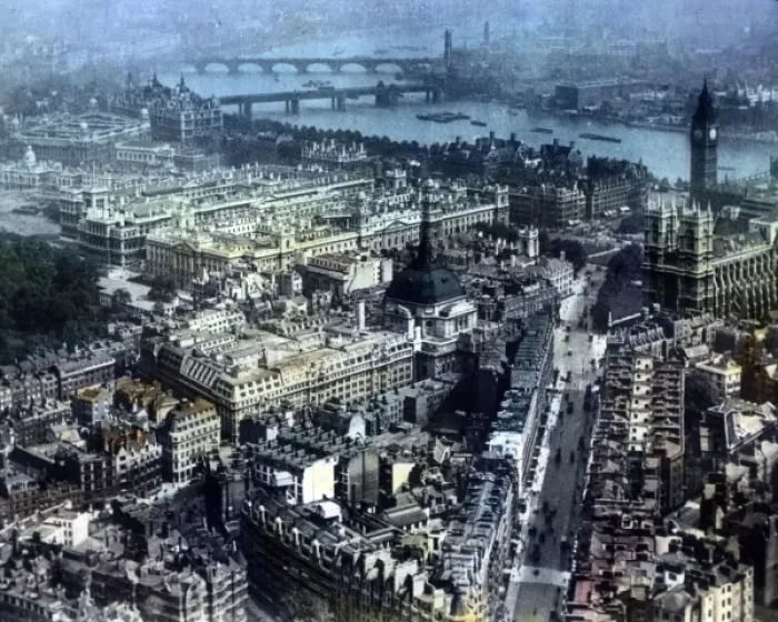 Framed Print : O E Simmonds aerial view of Westminster London (tinted) Framed Print : O E Simmonds aerial view of Westminster London (tinted)