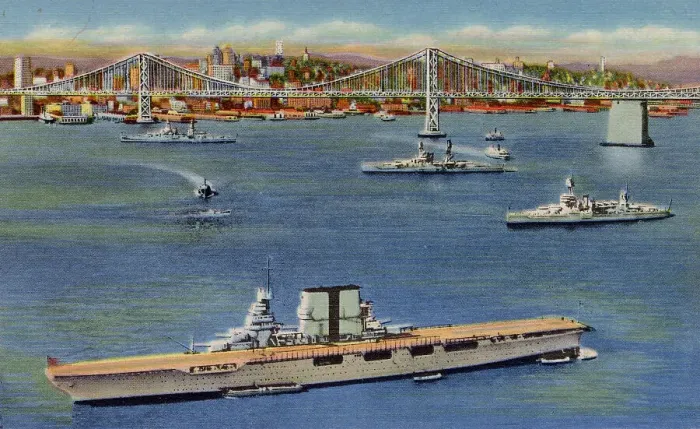 Framed Print : Oakland Bay Bridge and three US battleships at anchor, San Francisco, California, USA - in the foreground is USS Saratoga, CV3 aircraft carrier Date: 1936 Framed Print : Oakland Bay Bridge and three US battleships at anchor, San Francisco, California, USA - in the foreground is USS Saratoga, CV3 aircraft carrier Date: 1936