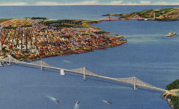 Framed Print : Oakland Bay Bridge and Golden Gate Bridge, San Francisco, California, USA Date: 1936 Framed Print : Oakland Bay Bridge and Golden Gate Bridge, San Francisco, California, USA Date: 1936