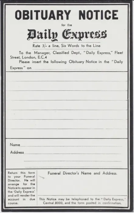 Framed Print : Obituary notice form, Daily Express newspaper, London Framed Print : Obituary notice form, Daily Express newspaper, London