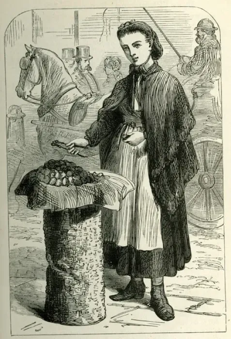 Framed Print : Occupations 1882 - young woman selling walnuts Framed Print : Occupations 1882 - young woman selling walnuts