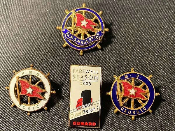 Ocean Liners - three brooches and a badge