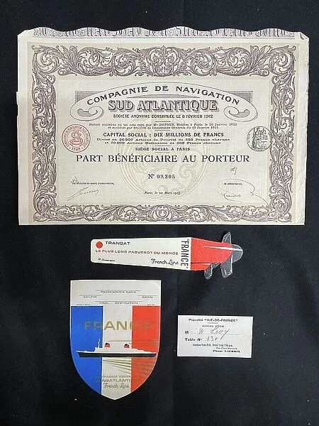 Ocean liners, French items, including share certificate