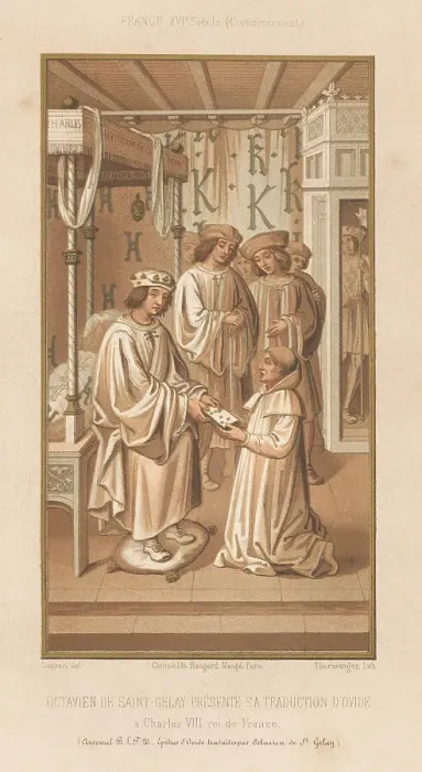 Framed Print : Octavien de Saint-Gelais and King Charles VIII, 16th century Framed Print : Octavien de Saint-Gelais and King Charles VIII, 16th century