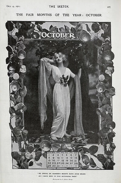 October calendar page, woman in classical costume