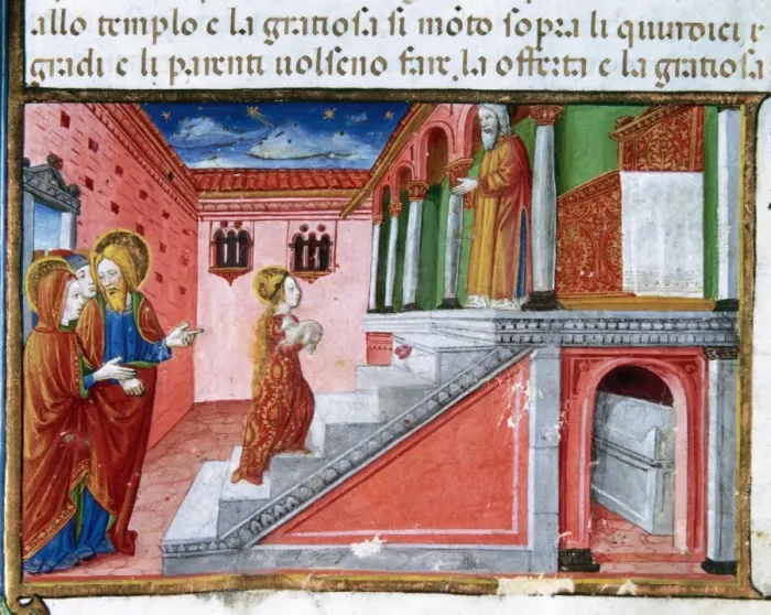 Framed Print : Offering of Mary at the temple. Codex of Predis (1476). Ital Framed Print : Offering of Mary at the temple. Codex of Predis (1476). Ital